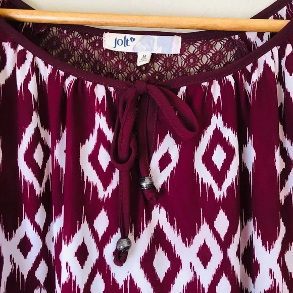 Jolt Top Womens Medium Sheer Peasant 3/4 Sleeve Burgundy White Tribal Maximalist - Picture 2 of 5